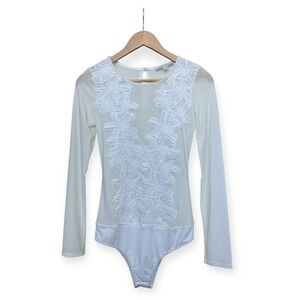 Women's Haute Monde White‎ Mesh Embroidered Floral Long Sleeve Bodysuit Size L